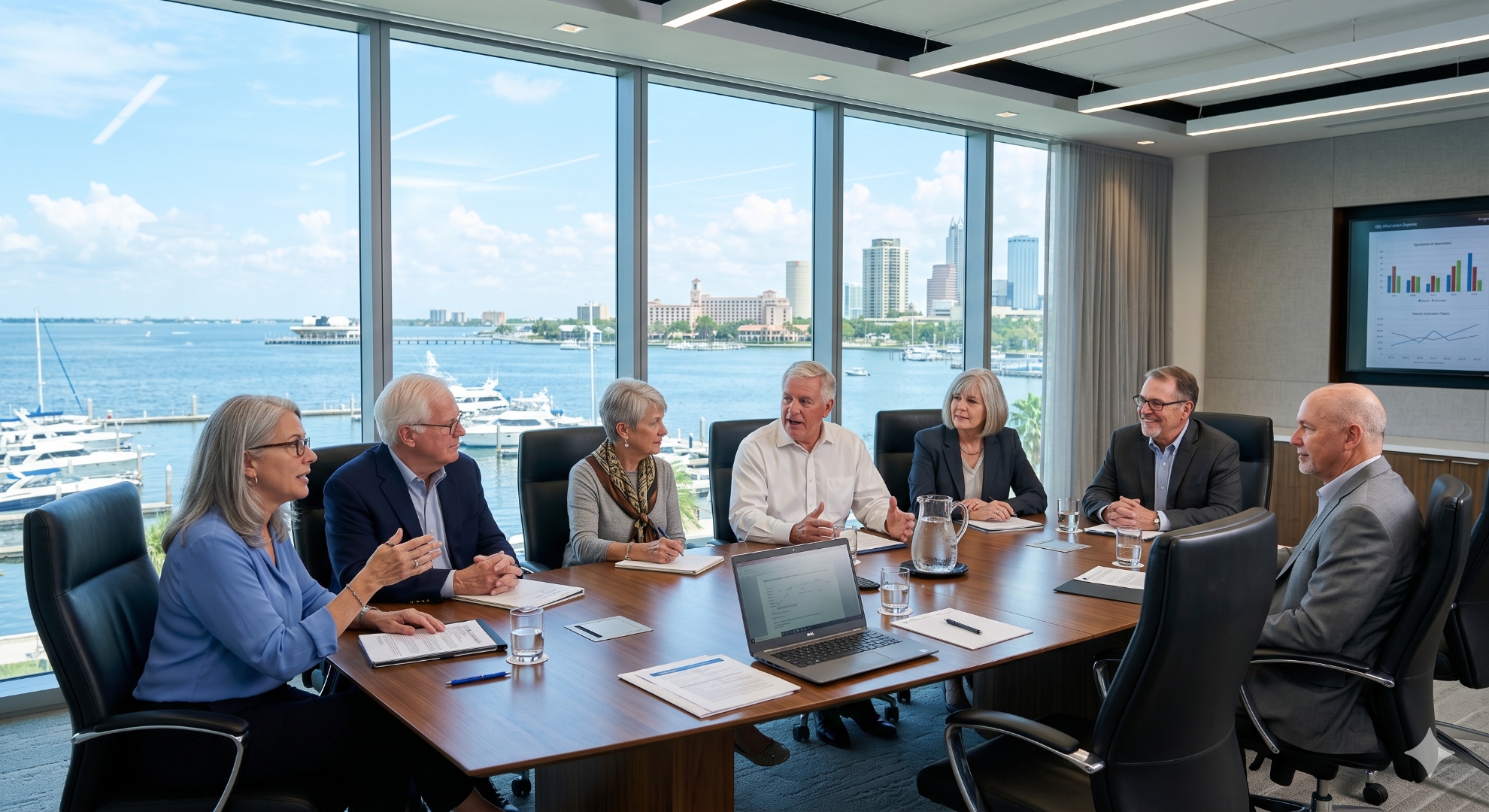 Senior HOA and condo board members in a professional boardroom meeting